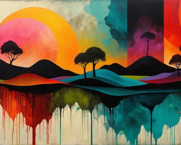 Vibrant Abstract Landscape with Colorful Hills and Trees