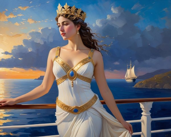 Regal woman in elegant gown on ship at sunset