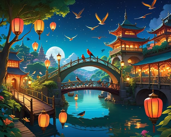 Serene Night Landscape with Asian Architecture and Lanterns