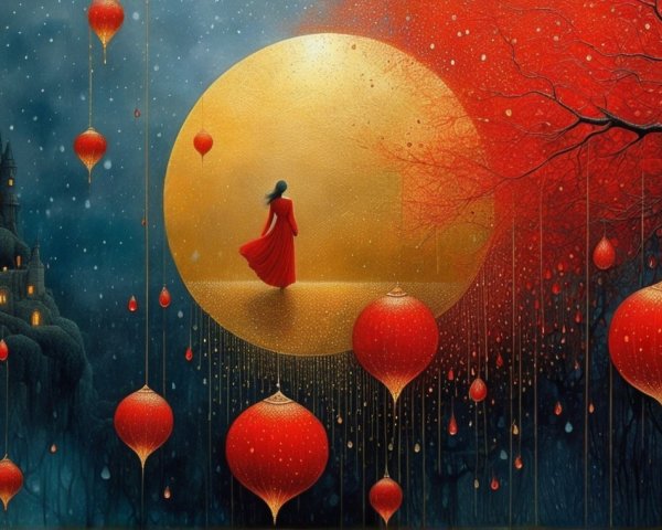 Serene landscape with golden moon and red lanterns