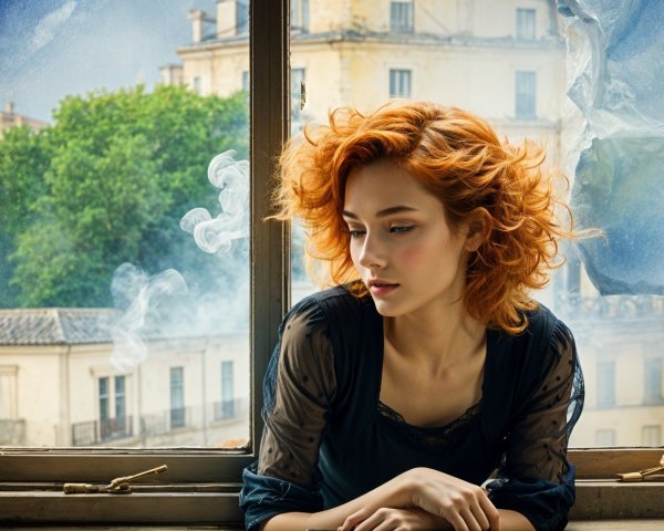Young woman with red hair gazes out window in city