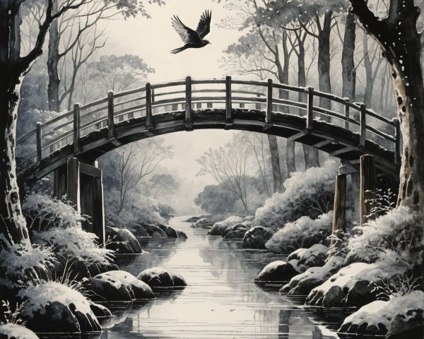Serene Winter Landscape with Wooden Bridge and River