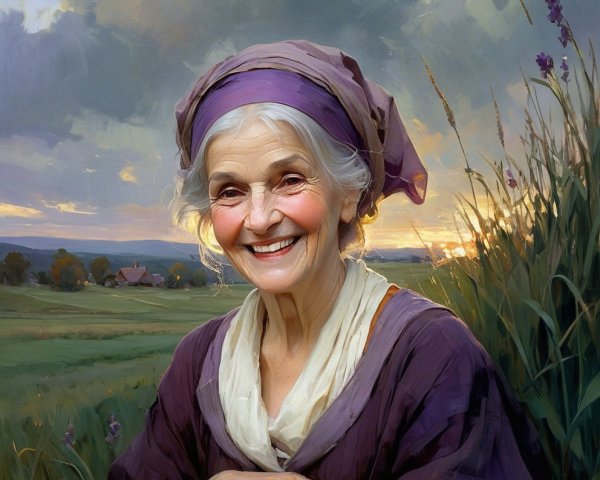 Elderly Woman in Elegant Outfit Against Sunset Sky