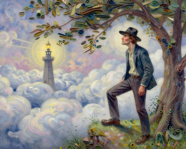 Illustration of a man on a hill near a lighthouse