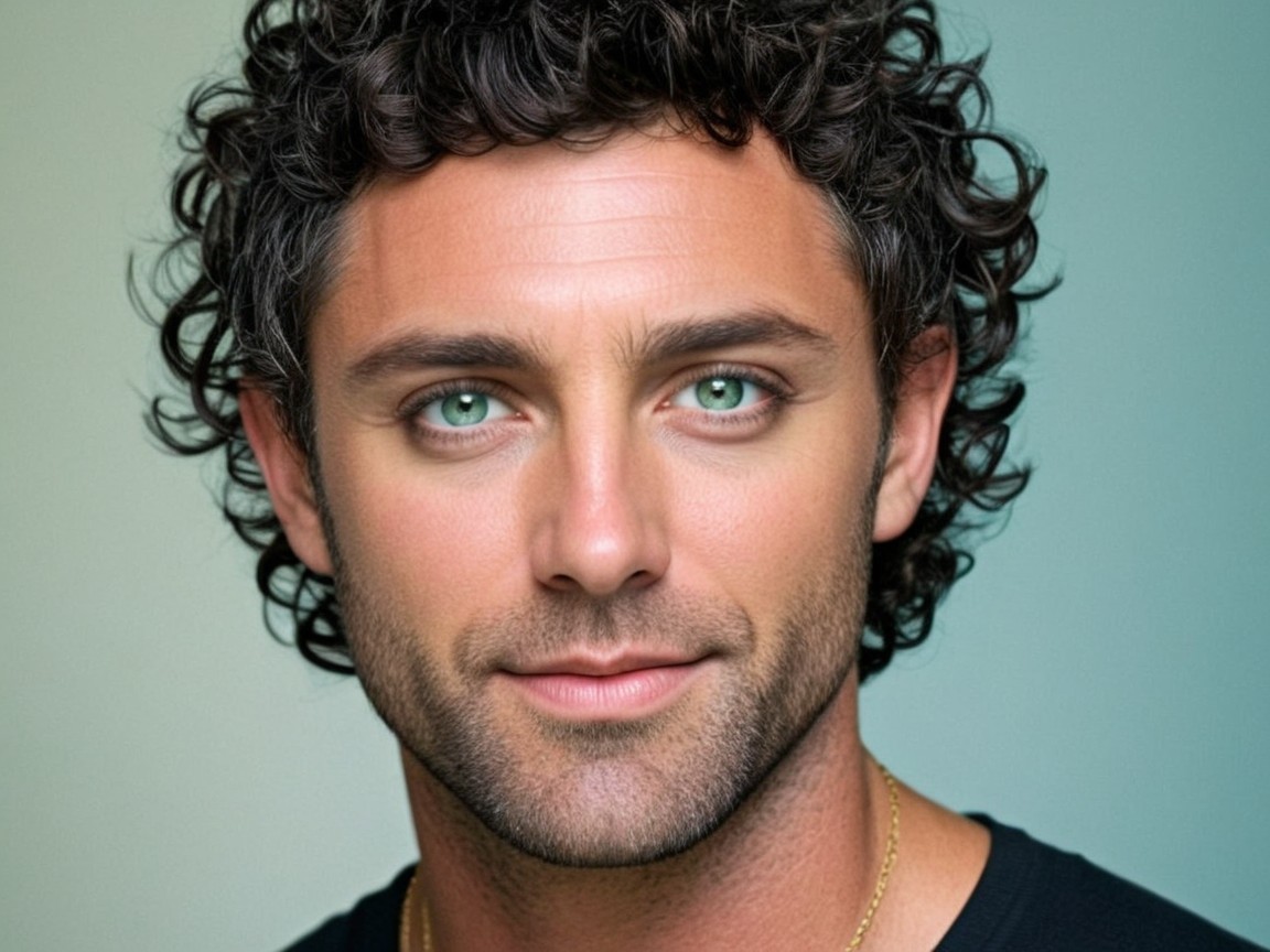 Portrait of a man with curly hair and green eyes