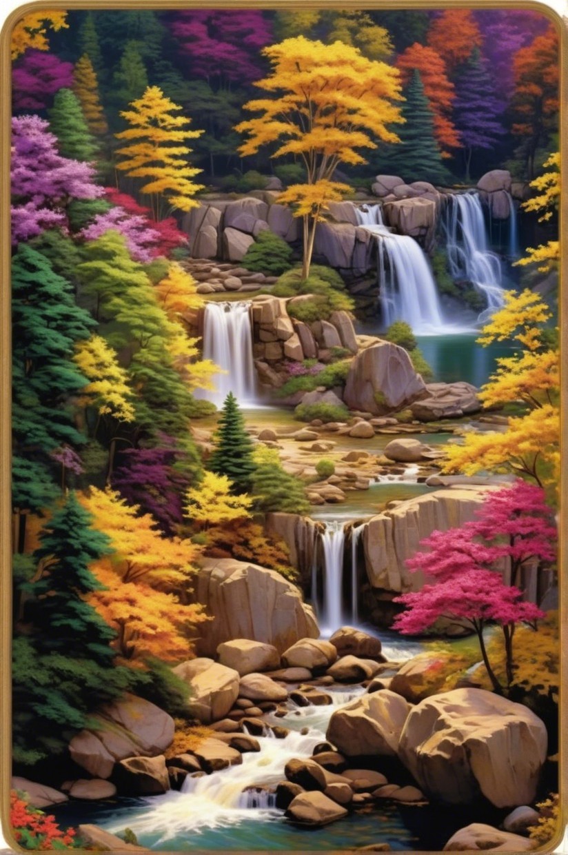 Vibrant Autumn Landscape with Waterfalls and Foliage