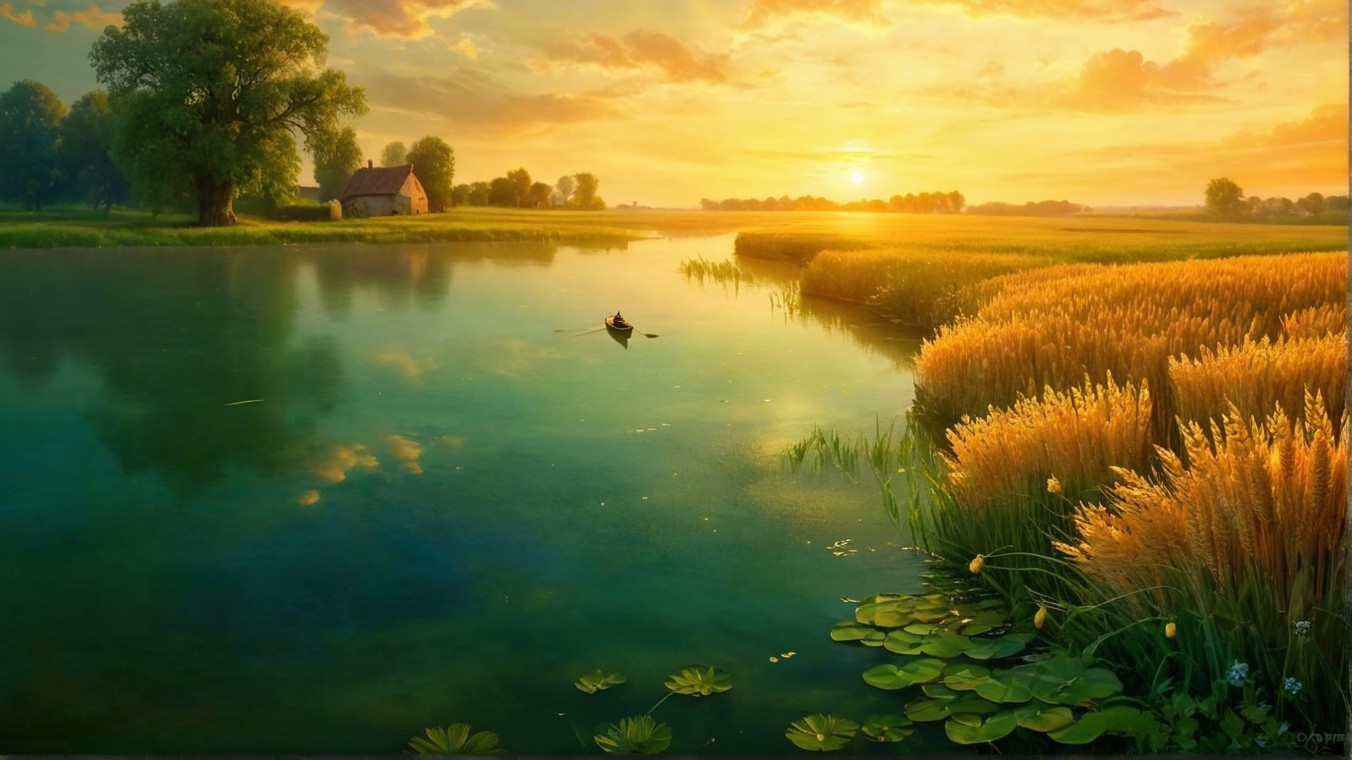 Serene Sunset Landscape with River and Cottage
