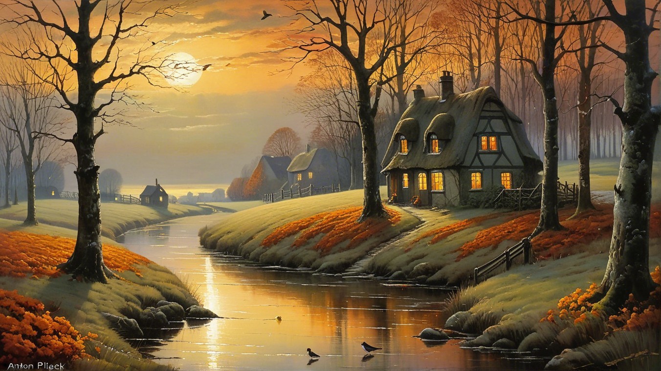 Serene Dusk Landscape with Cottage and River
