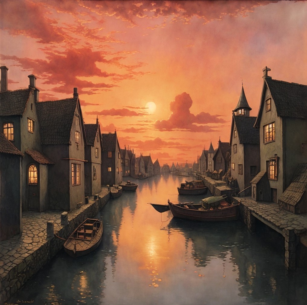 Serene Riverside Village at Sunset with Charming Houses