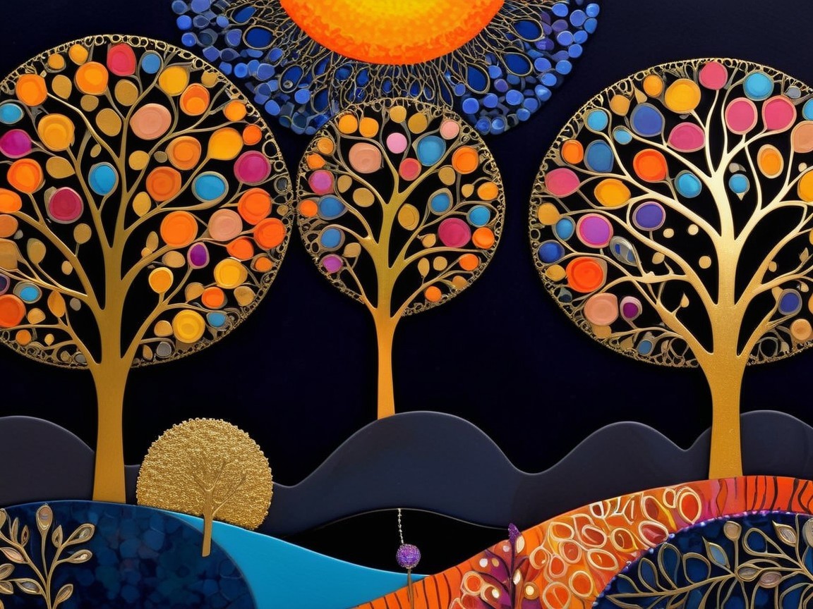 Vibrant Landscape with Ornate Trees and Colorful Leaves