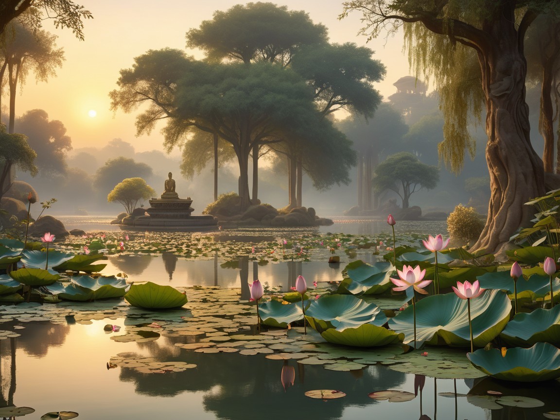 Serene Dawn Landscape with Lotus Pond and Buddha Statue
