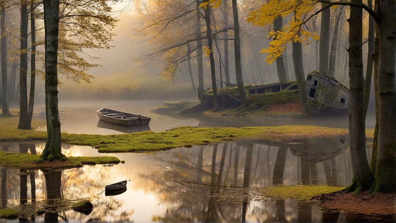 Misty Forest with Calm Lake and Autumn Leaves