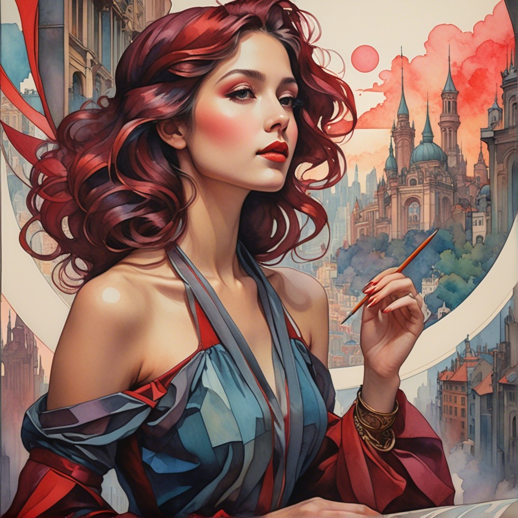 Regal Woman with Red Hair in Whimsical Cityscape