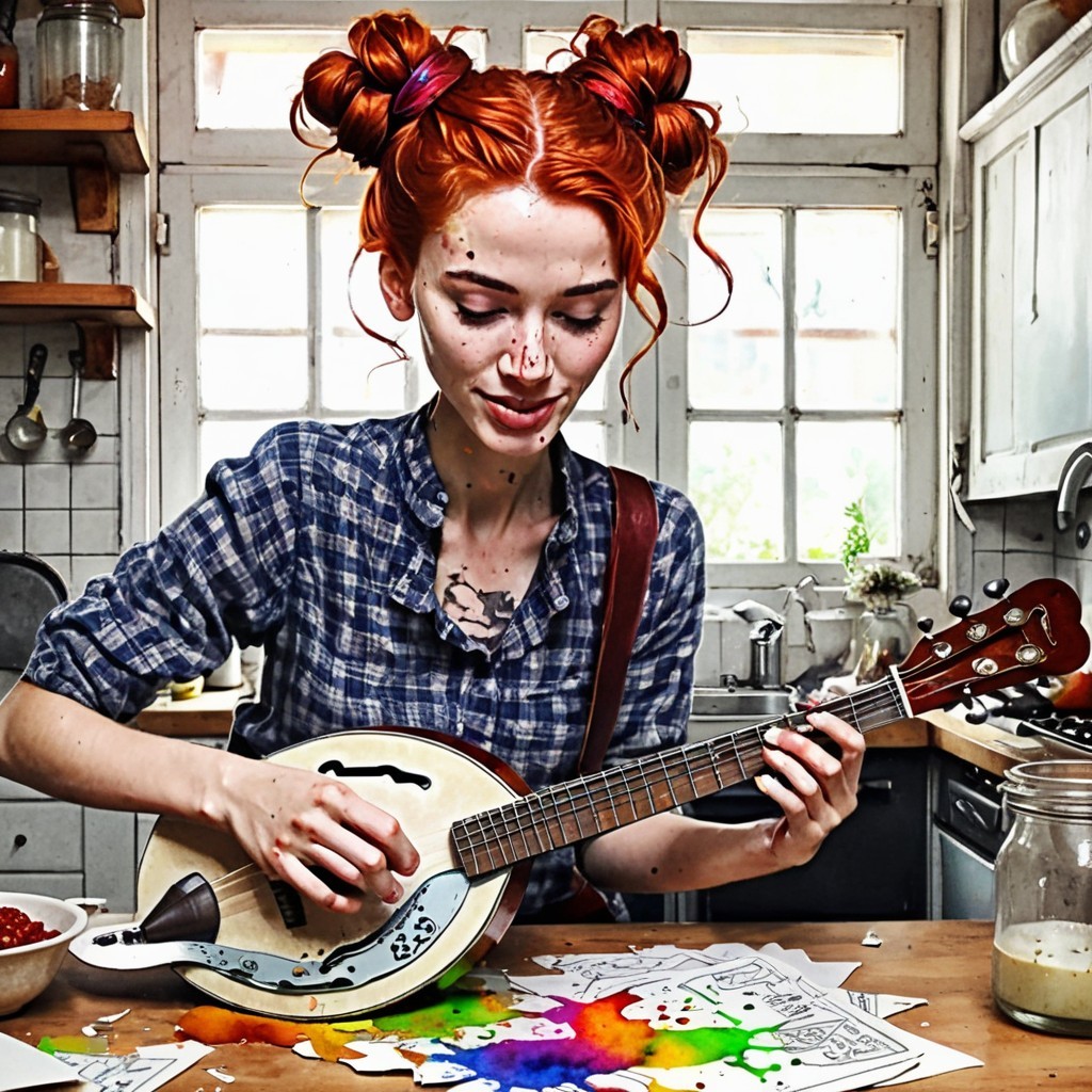 Young woman with red hair playing instrument in kitchen