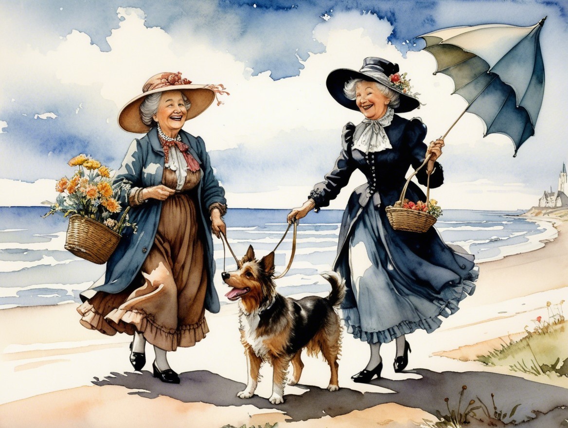 Elderly Women with Flowers Strolling on a Beach