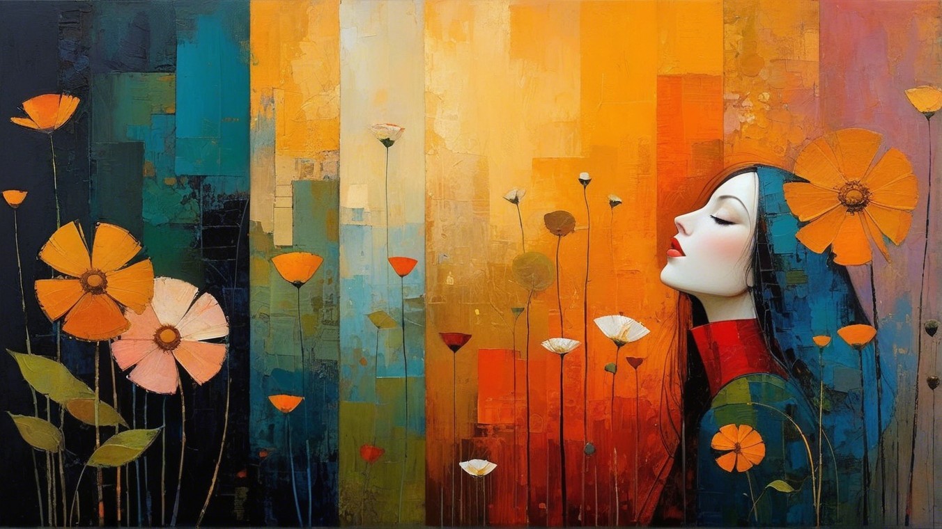 Serene Woman in Red with Abstract Floral Background