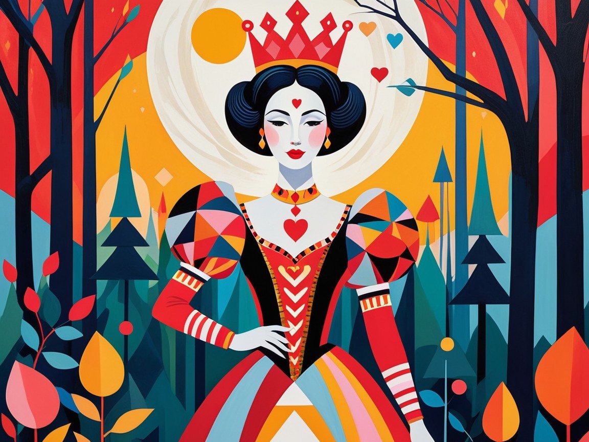Stylized queen in a colorful enchanted forest scene