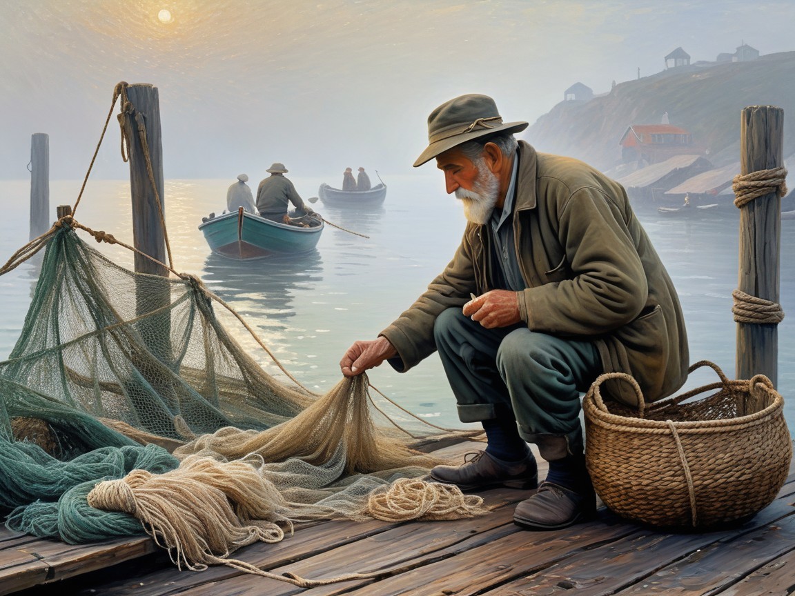 Elderly Fisherman Mending Nets at Sunrise by Dock
