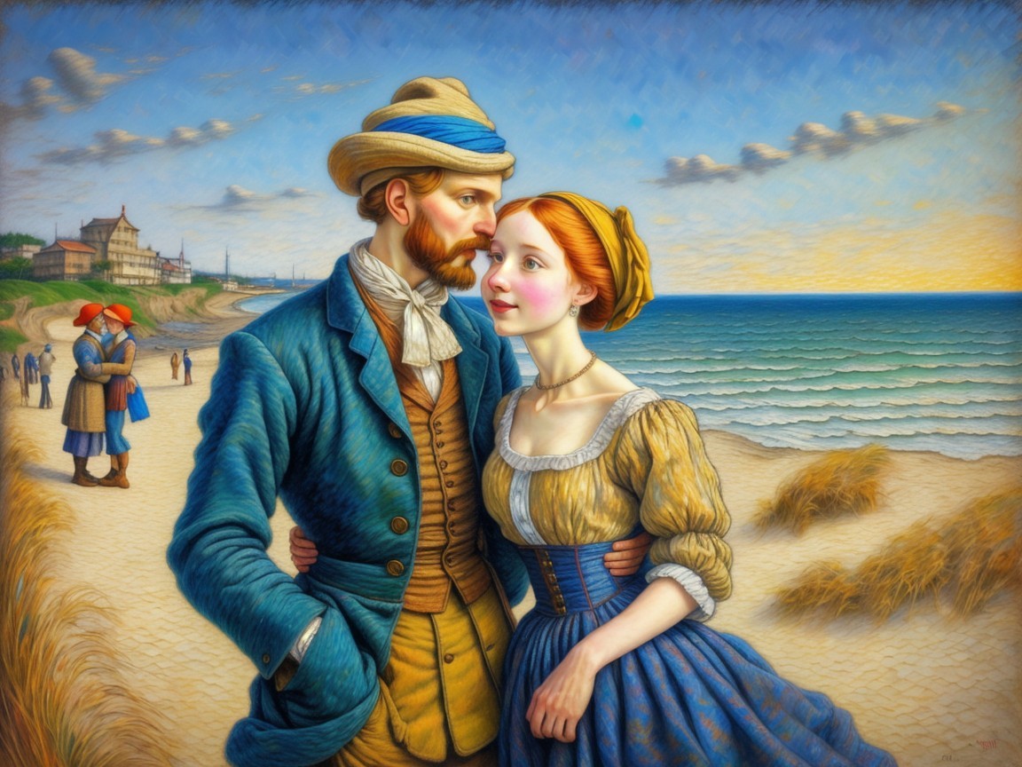 19th-Century Romantic Beach Scene with Couples