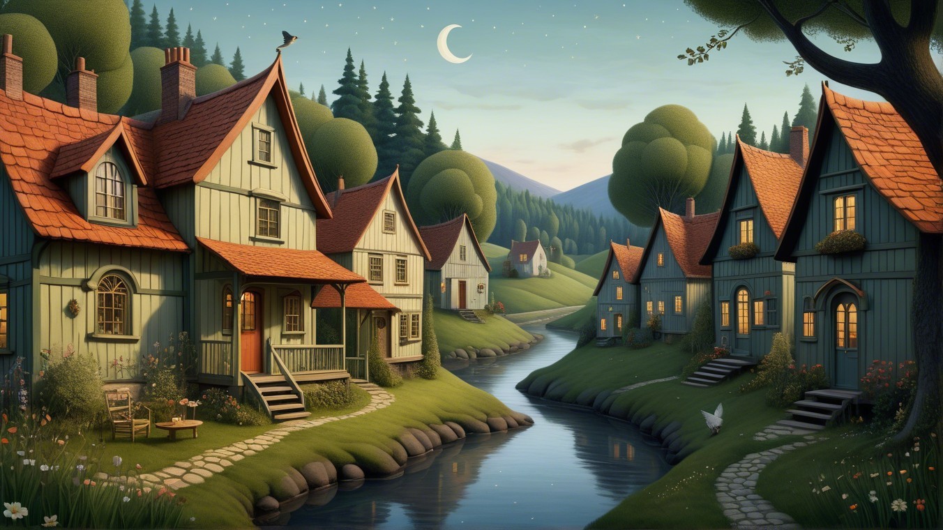 Tranquil Village Scene at Dusk with Colorful Houses