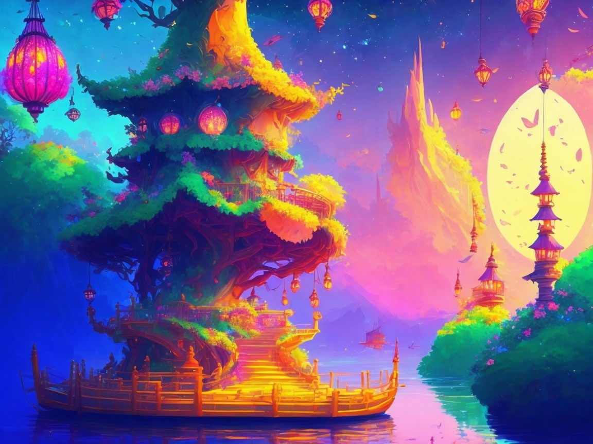 Fantasy Landscape with Majestic Tree and River