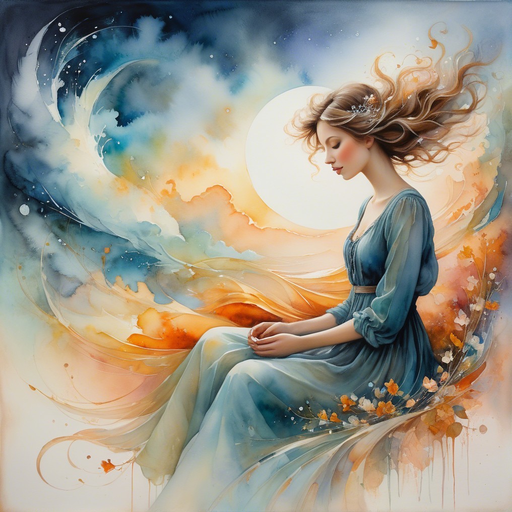 Young woman in blue dress with vibrant background elements