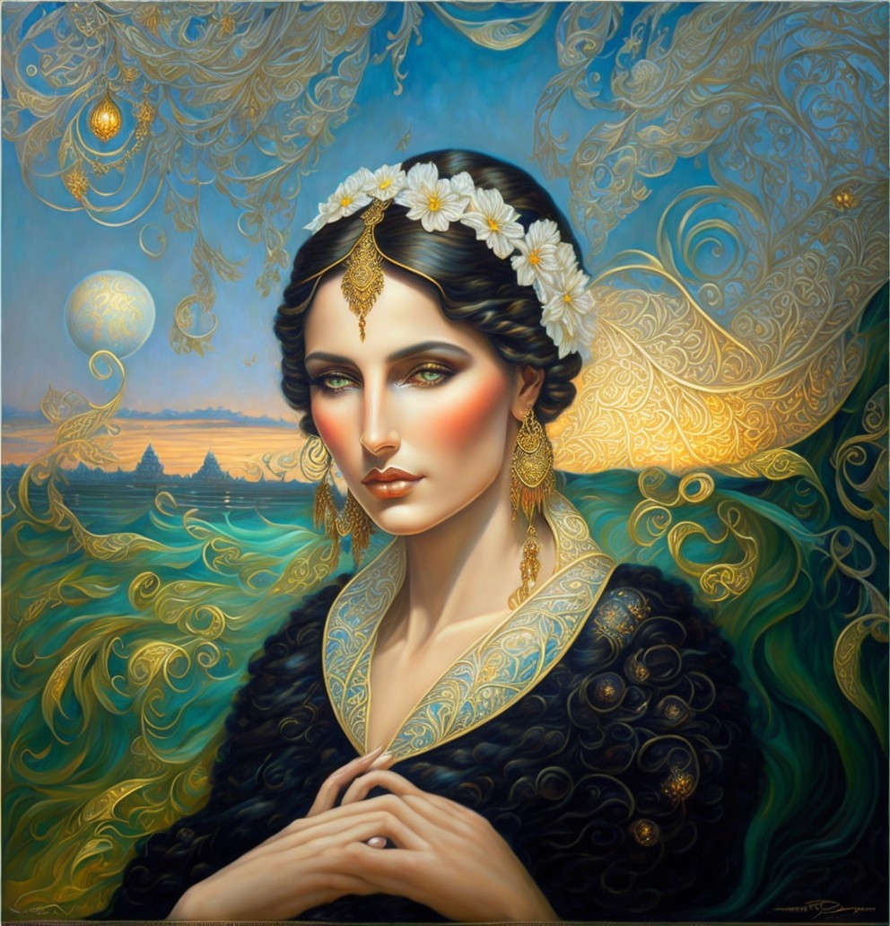 Serene Woman with Floral Headpiece and Sunset Landscape
