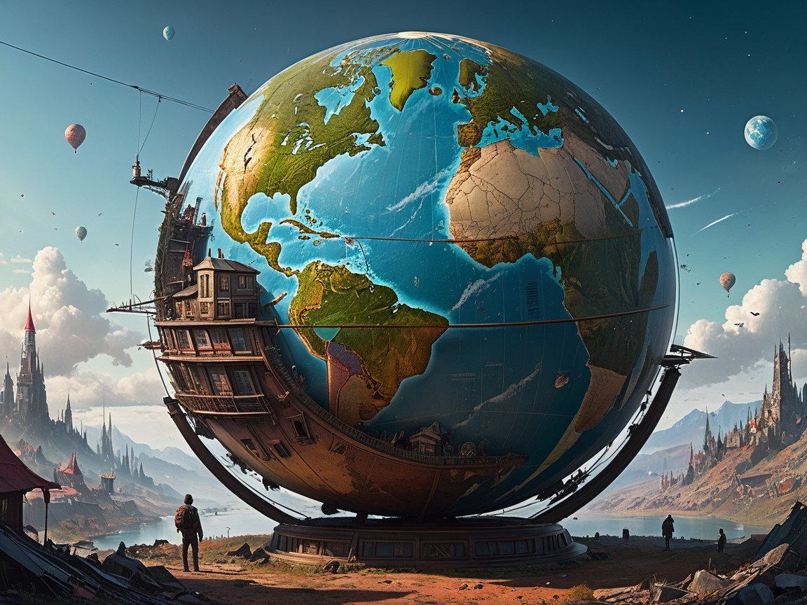 Colossal Globe with House Structure and Whimsical Landscape