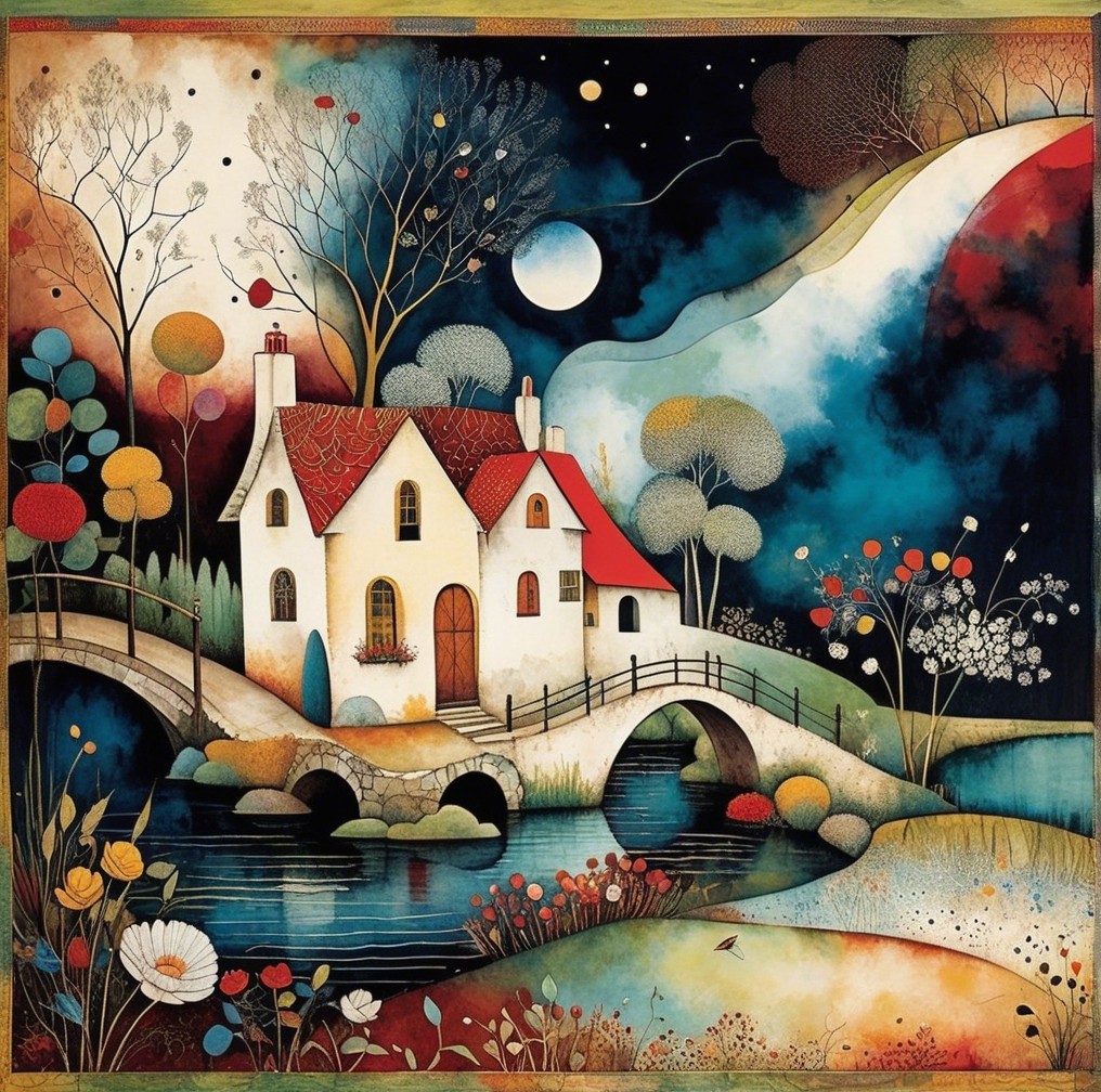 Colorful Illustration of a Cozy House by a River