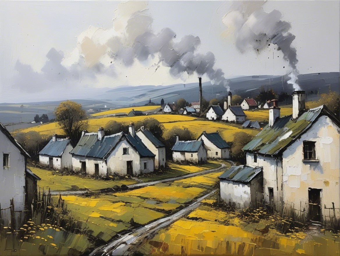 Serene Countryside with Cottages and Rolling Landscape