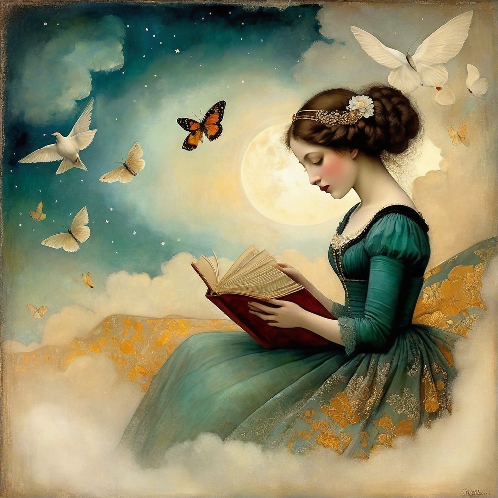 Young woman in teal gown reading on a cloud