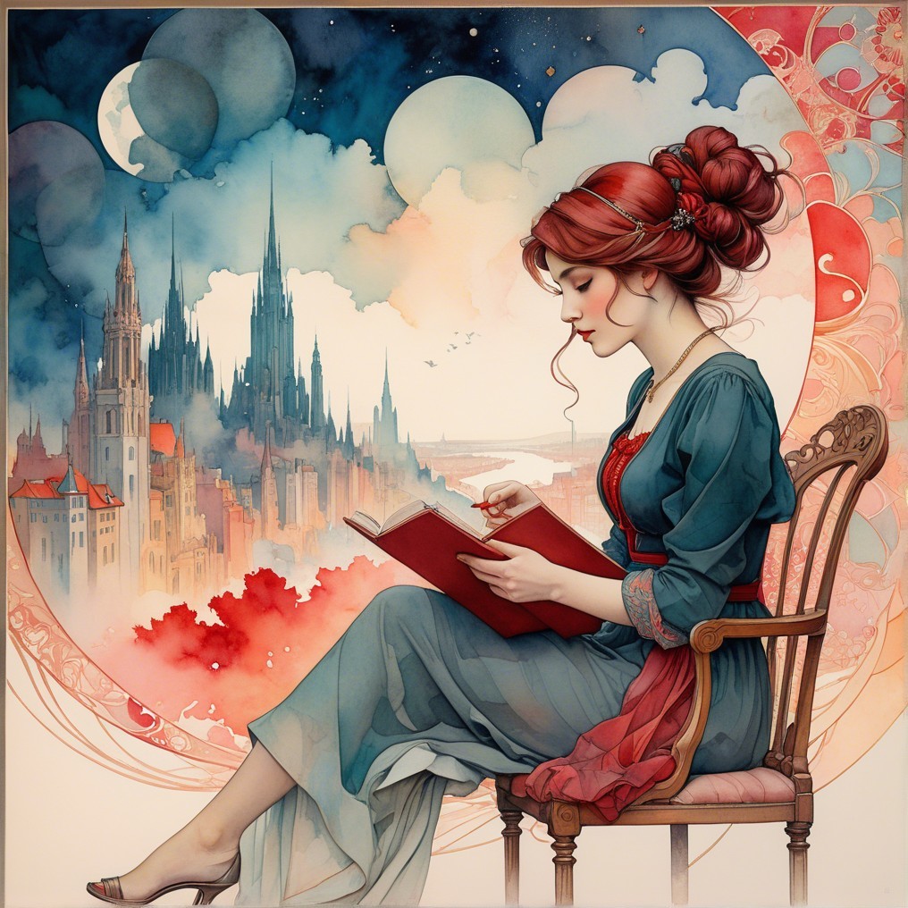 Serene Woman Reading in a Dreamlike Cityscape