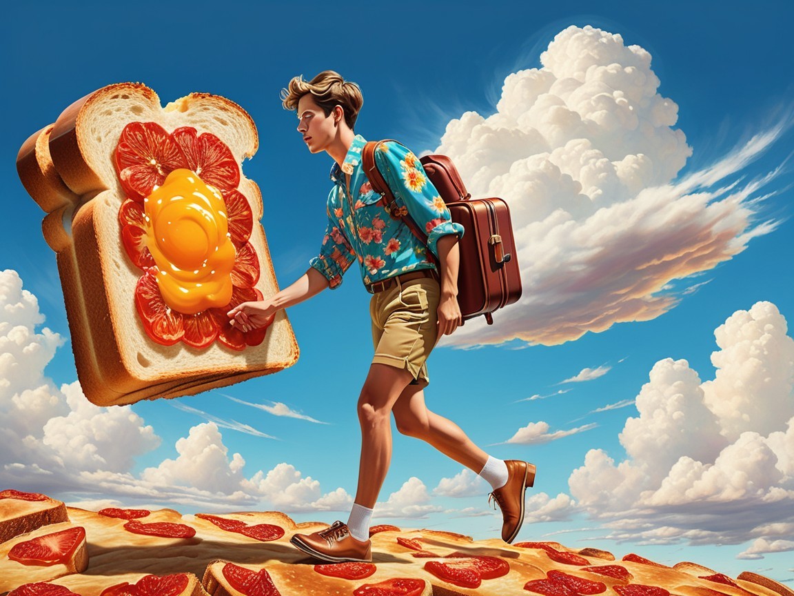 Young man in tourist attire on a toast landscape