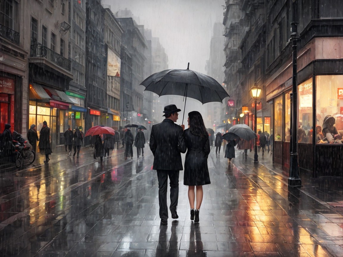 Rainy City Street Scene with Umbrella Sharing