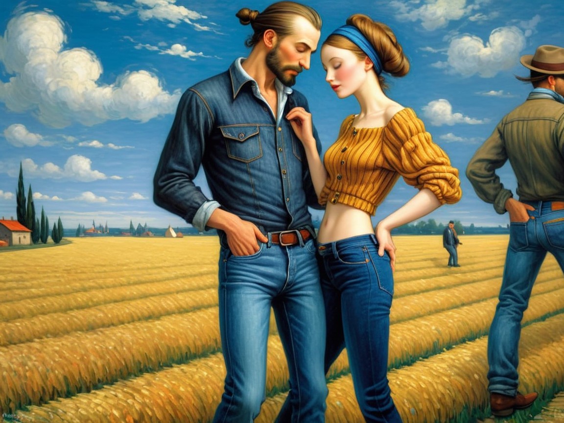 Couple in Wheat Field Under Bright Blue Sky