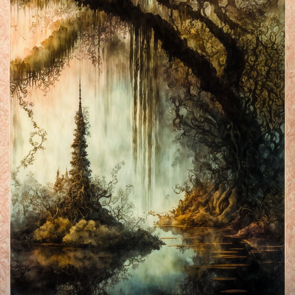 Mystical forest with spire structure and serene waters