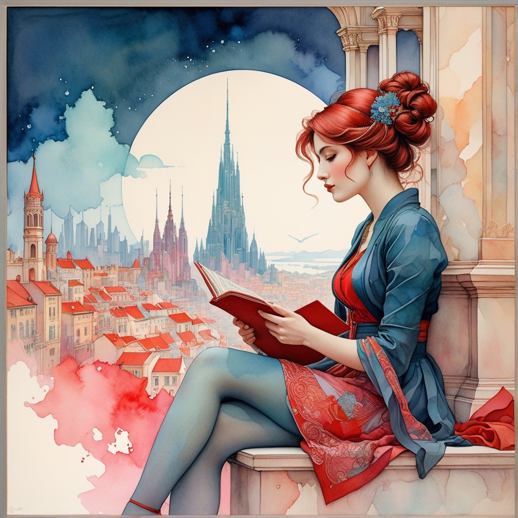 Young woman reading in a dreamy cityscape at night