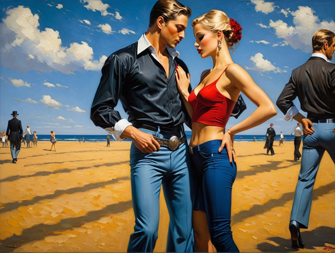 Romantic Couple in Retro Attire at Sunny Beach Scene