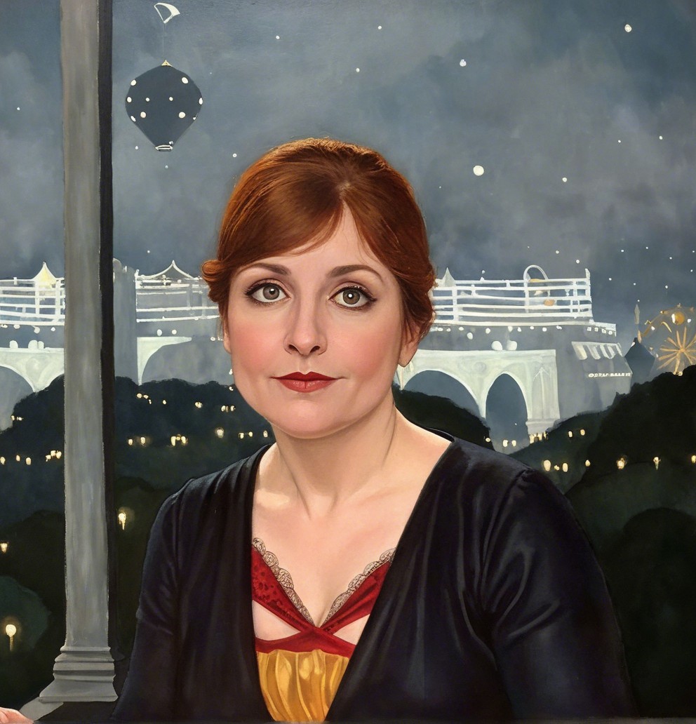 Auburn-haired woman in dark dress against night sky