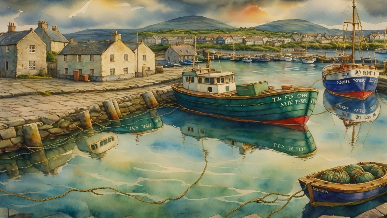 Tranquil Harbor Scene with Colorful Boats and Hills