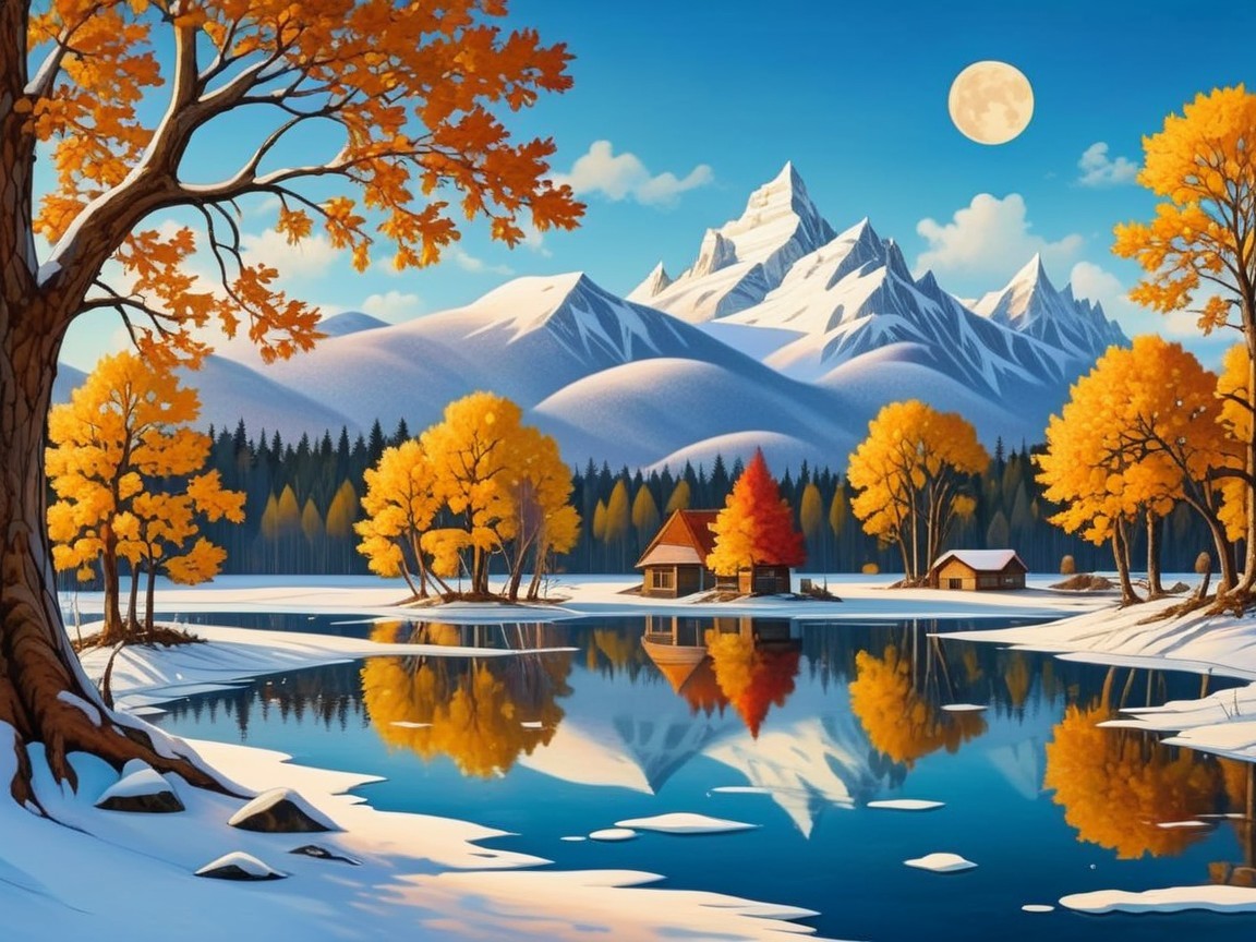 Tranquil Lake Surrounded by Autumn Landscape and Mountains