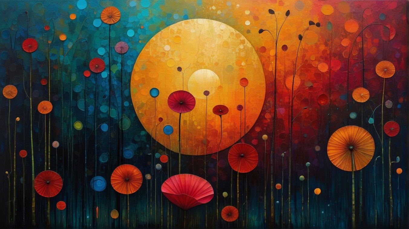 Vibrant Abstract Painting with Golden Sun and Colorful Dots