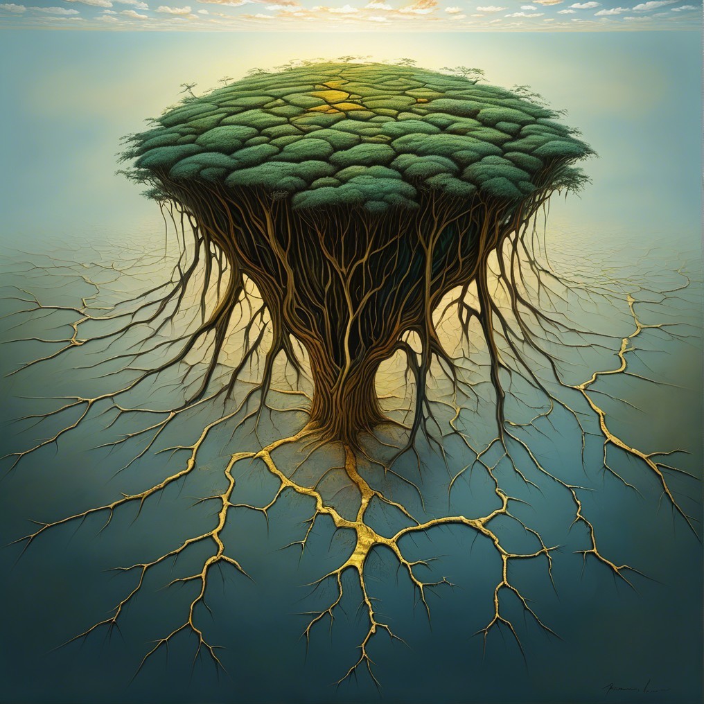 Surreal landscape with floating tree and reflective surface