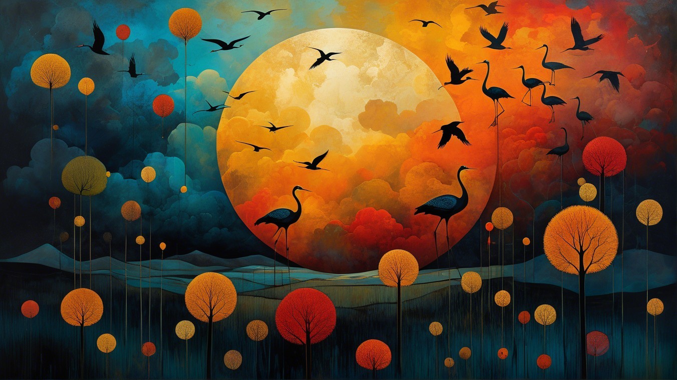 Vibrant Landscape with Glowing Sun and Flying Cranes