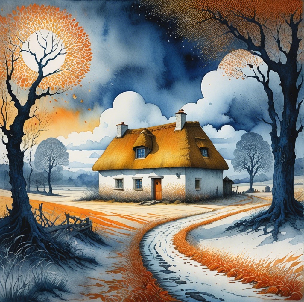 Thatched Cottage in Tranquil Seasonal Landscape