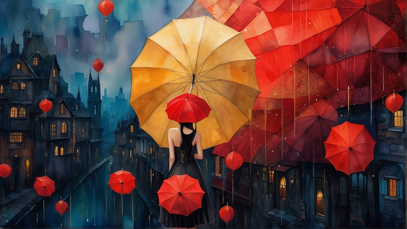 Woman in Black Dress with Yellow Umbrella at Dusk