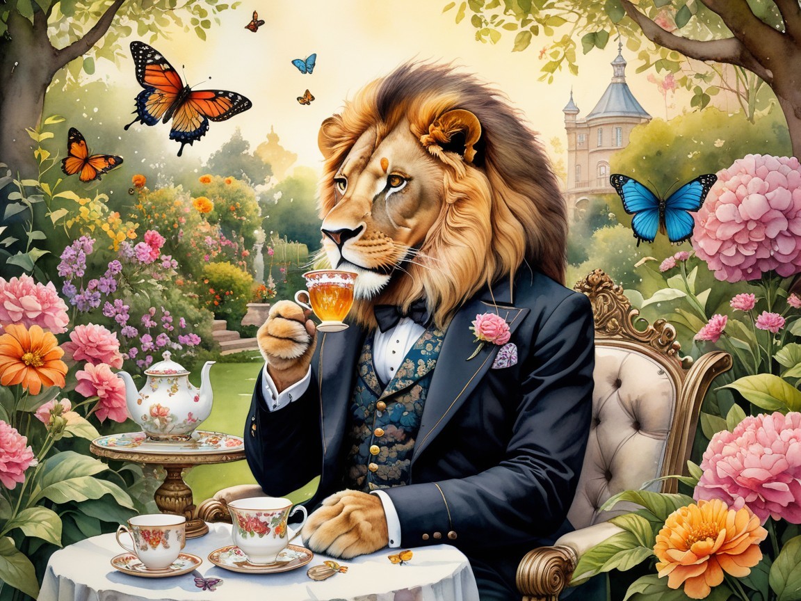 Lion in Formal Suit at Enchanting Garden Tea Party