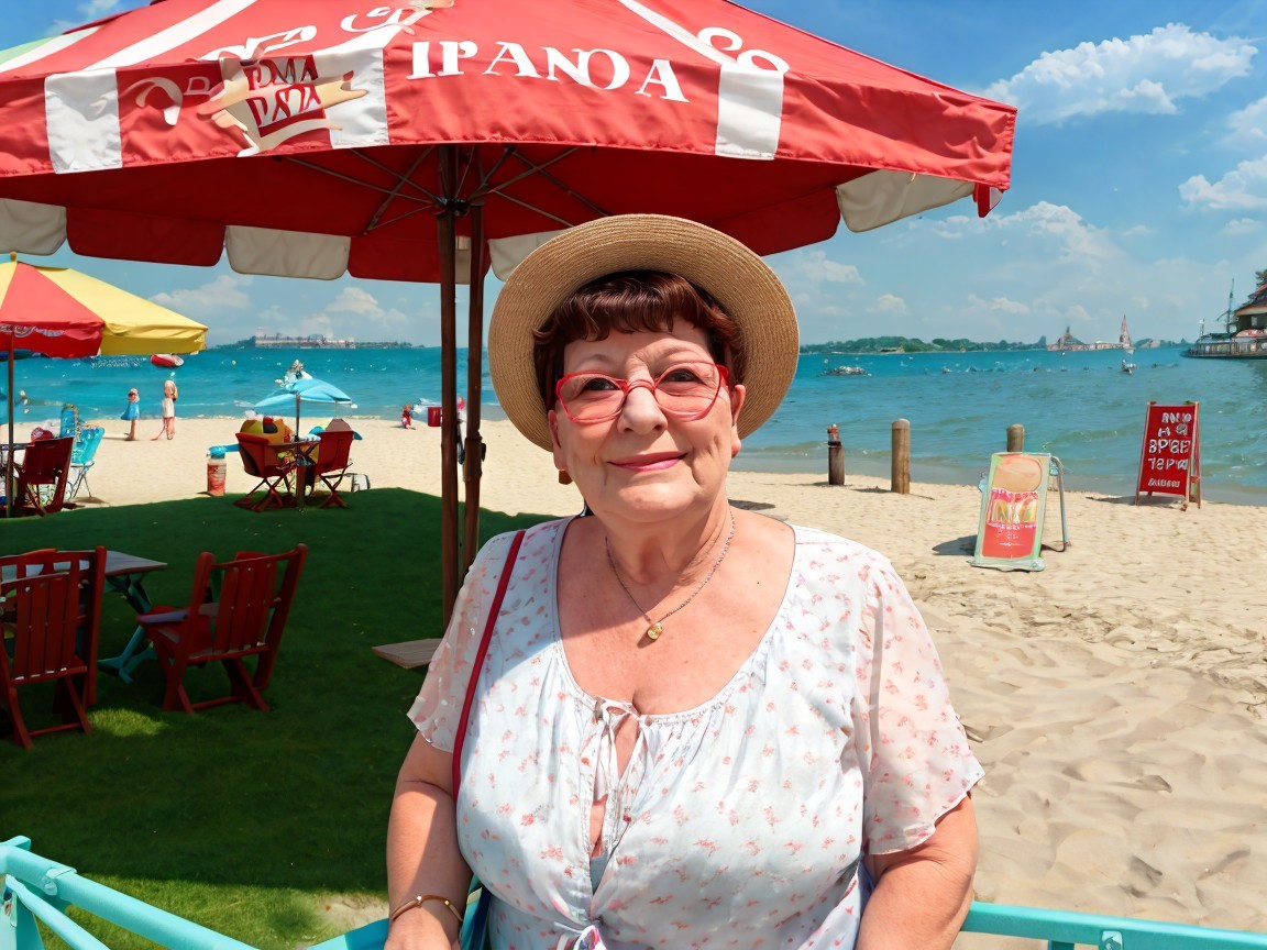 Cheerful Woman in Straw Hat at Vibrant Beach Scene
