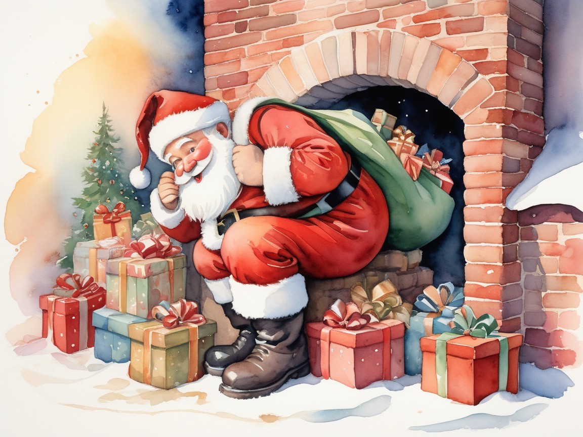 Santa Claus Descending Chimney with Gifts and Tree