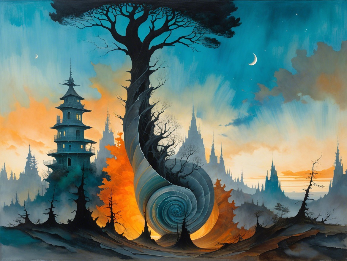 Surreal Landscape with Towering Tree and Castles
